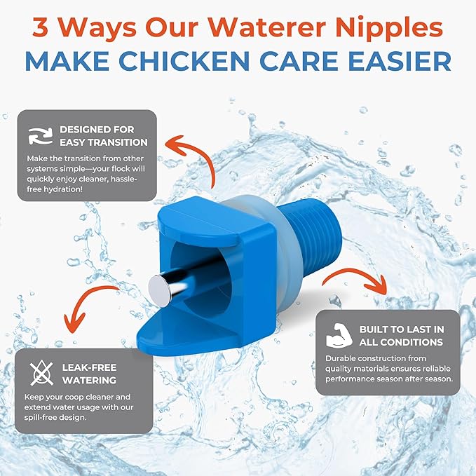 Lil'Clucker Horizontal Chicken Waterer Nipples, Pack of 15 Chicken Nipple Waterer with Drill Bits, Easy Install Automatic Chicken Waterer System, No Leak Chicken Water Feeder, Poultry Waterer - Blue