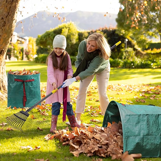 2 Pack Reusable Yard Waste Bags - 40 Gallon Dustpan Type Lawn And Leaf Bags, Heavy Duty Garden Bags With Adjustable Metal Leaf Rake,Gardening Gloves,Garden Waste Bag With Handles,Camping Recycling Bag