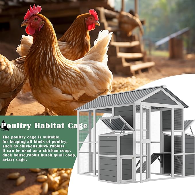 Outdoor Wooden Chicken Coop for 10 Chickens,Large Hen House Poultry Habitat Pet Hutch Run Cage with 2 Chicken Nesting Boxes,Walk in Chicken Coops Run W/Ramp and Run,Waterproof Roof,(80"×82"×69")