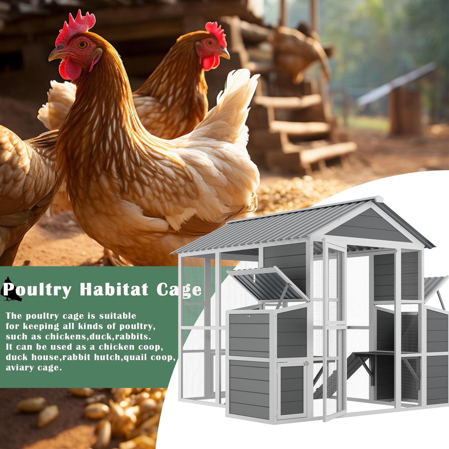 YOPTO Outdoor Wooden Chicken Coop for 10 Chickens,Large Hen House Poultry Habitat Pet Hutch Run Cage with 2 Chicken Nesting Boxes,Walk in Chicken Coops Run W/Ramp and Run,Waterproof Roof,(80"×82"×69")