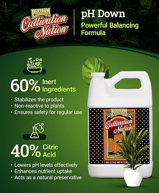 FoxFarm Cultivation Nation pH Down - Liquid Nutrient Solution Adjuster for Hydroponic & Soil Gardens, Lowers pH Levels - 40% Citric Acid for Optimal Plant Growth (Gallon)