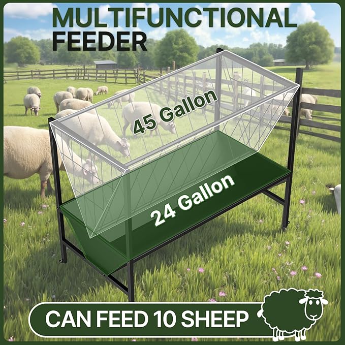 Heavy Duty Hay Feeder for Goats – 45 Gallon Feeder with 24 Gallon Grain Tray for Horses, Calves, and Livestock – Durable Goat Feeder for Farm Use (Closed)
