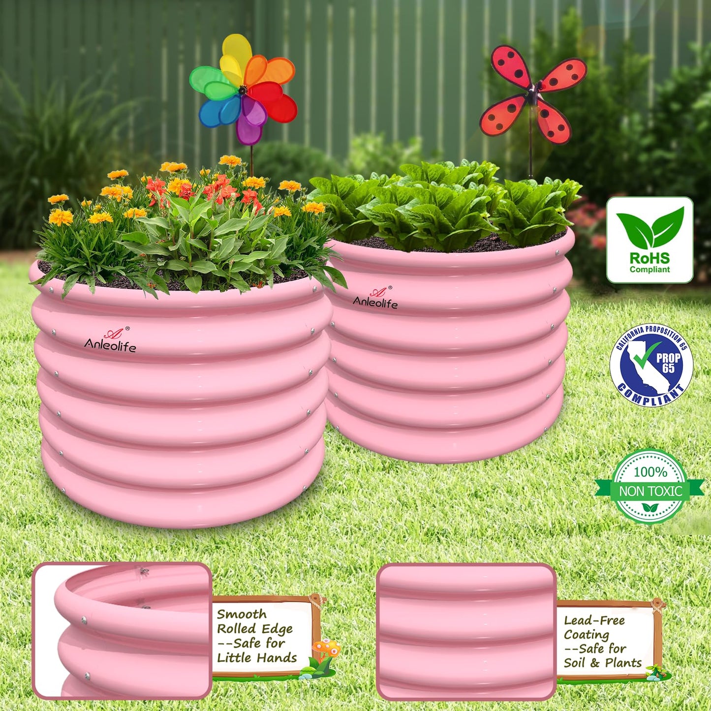 A ANLEOLIFE Kids Raised Garden Beds Outdoor (4-Pack)-24x24x18in Round Galvanized Metal Planter Box for Planting Vegetables, Flowers, Fruits, Eco-Safe & Easy Setup, Blush Pink