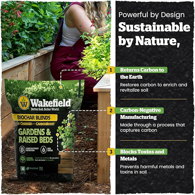 Wakefield Biochar Blend with CarbonBoost™ Technology – Enhanced Water & Nutrient Retention for Raised Bed Garden Soil - Ultimate Organic Potting Soil Mix for Vegetables, Gardens and Houseplants - 4qt