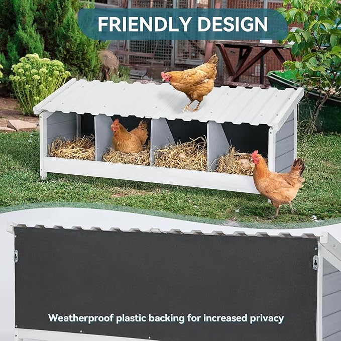 PETSFIT 4 Holes Chicken Nesting Box-All Weather PVC Roof, Natural Wood Design with Privacy Back Panel for Hens-Wall Mounted or Floor Use in Coops, Farms, Backyards,Easy to Assemble