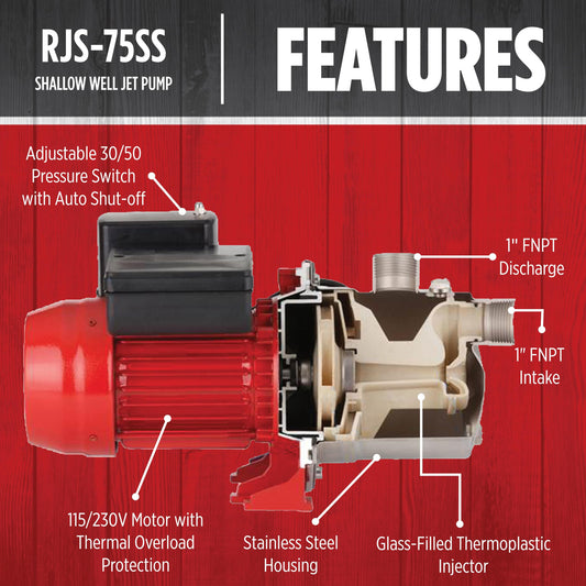 Red Lion RJS-75SS 115/230 Volt, 3/4 HP, 12.8 GPM Stainless Steel Shallow Well Jet Pump, Red, 97080702