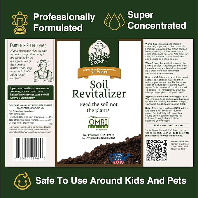 Farmer’s Secret Soil Revitalizer (128oz) - Organic (OMRI Listed) Dirt Health Booster - Liquid Compost Soil Amendment - Activated Humic Acid - Great for Fall Application