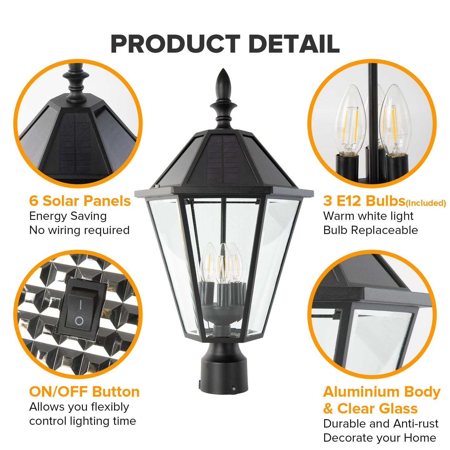 LUTEC Outdoor Solar Lamp Post Light with Pier Mount Base, Dusk to Dawn Waterproof Pole Light Head, Exterior Black Solar Powered Fence Post Light Fixtures for Outside