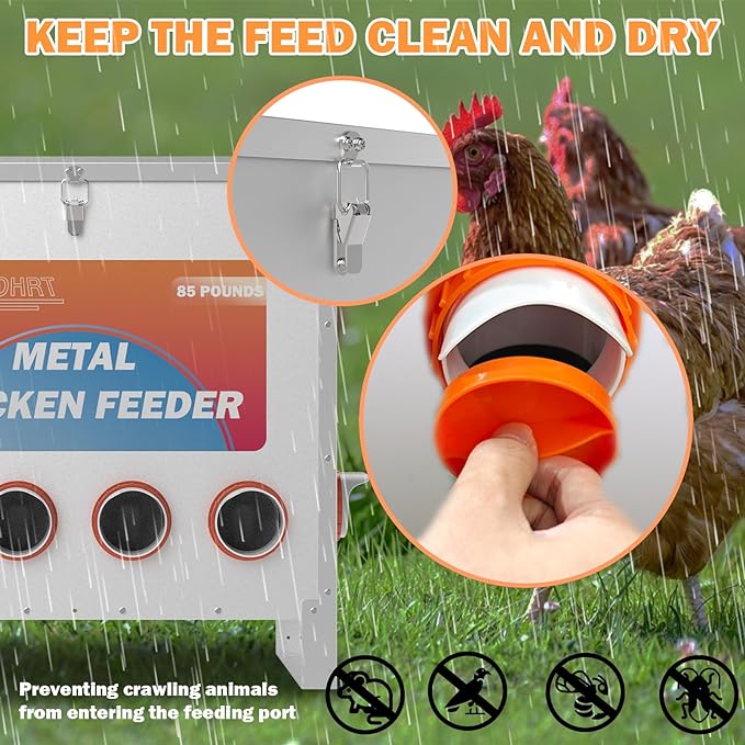85 Pounds Automatic Chicken Feeder 6 Ports Large Gravity Fed Chicken Feeder with Latch & Handle for Chickens Bantams Pheasants Poultry Coop Weatherproof