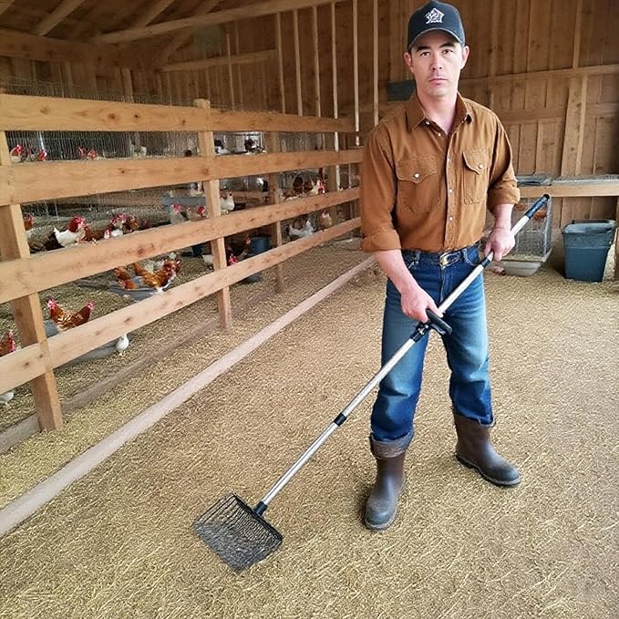 Chicken Scooper for Poop - Stainless Steel Chicken Coop Scoop & Rake for Sand, Pine Shavings & Waste - Ergonomic Handle, Easy Clean Poultry Coop Accessories for Hens, Ducks, Rabbits (10 Inch