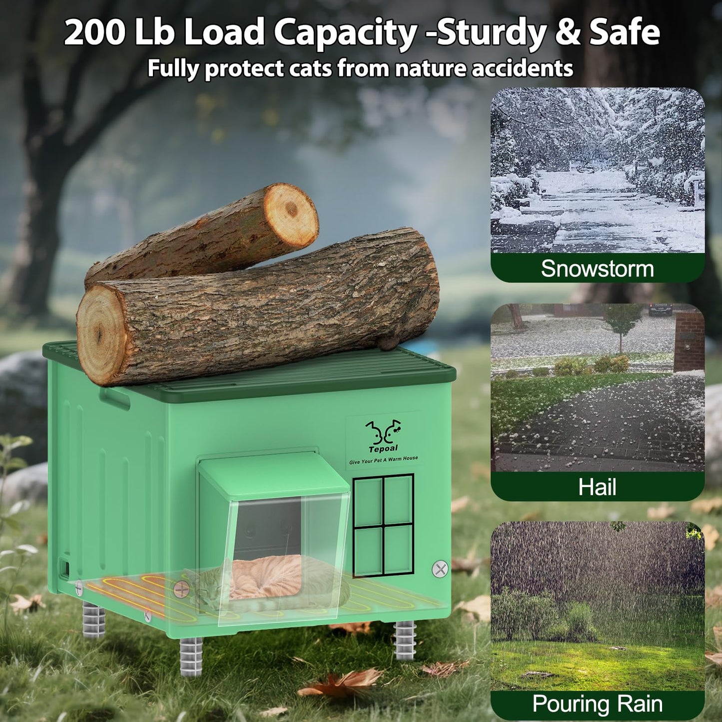 Indestructible Heated Cat House for Outdoor Cats in Winter, 100% Waterproof & Weatherproof Heated Cat House for Outside, Fully Insulated Feral Cat Shelter for Outdoor Barn Strays, 17.7 x 15 x 17.5 in