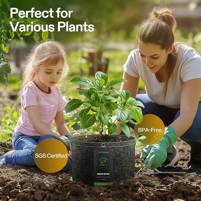 VIVOSUN 5-Pack 7 Gallon Grow Bags, 500G Thick Nonwoven Fabric Pots with Strap Handles, Multi-Purpose Rings, for Low Stress Plant Training Fruits, Vegetables, and Flowers
