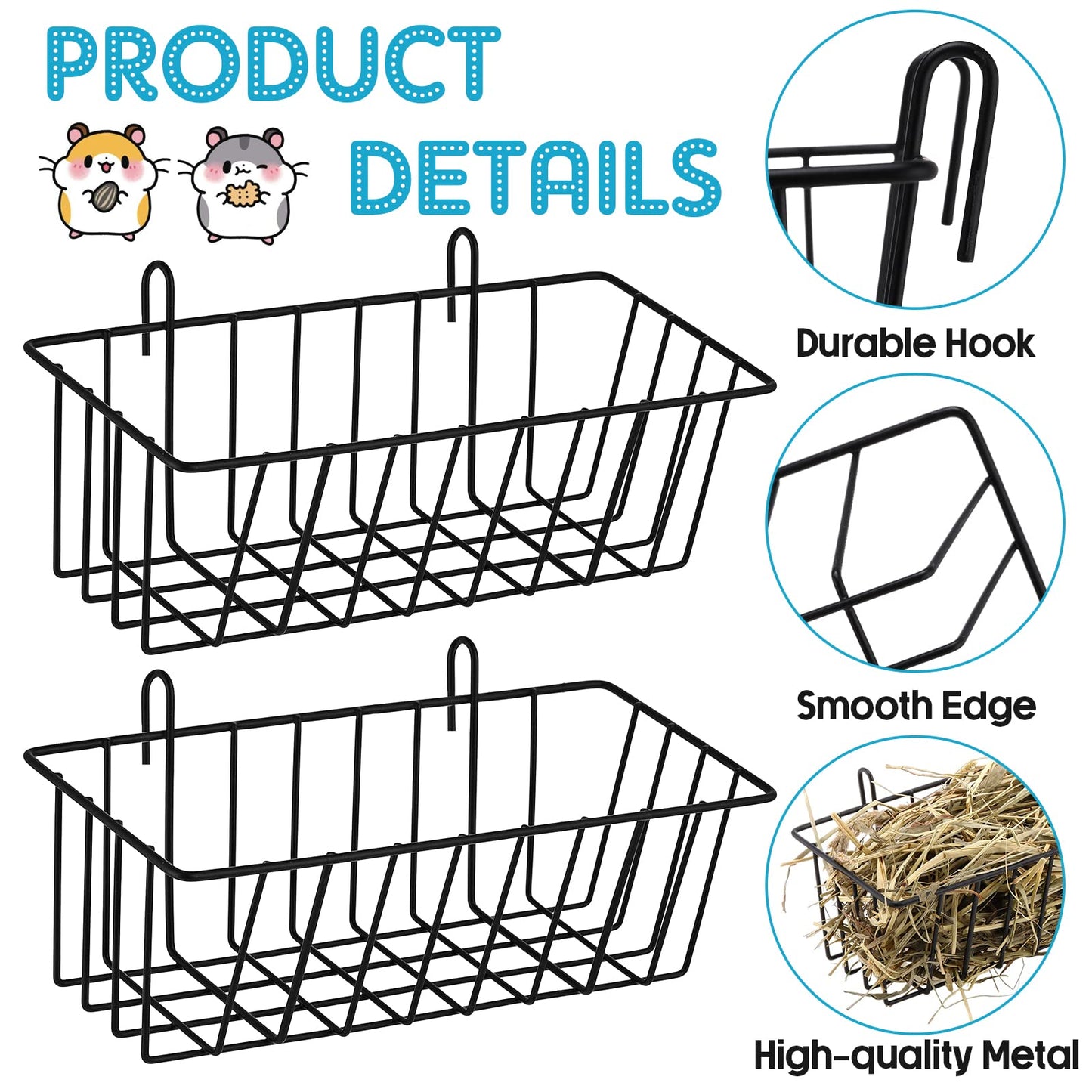 Therwen 4 Pcs Rabbit Hay Feeder Heavy Duty Metal Rabbit Hay Rack with Hooks Cage Hanging Hay Holder for Chinchilla Bunny Guinea Pig Ferret Accessories(9.1 x 3.9 x 3 Inches)