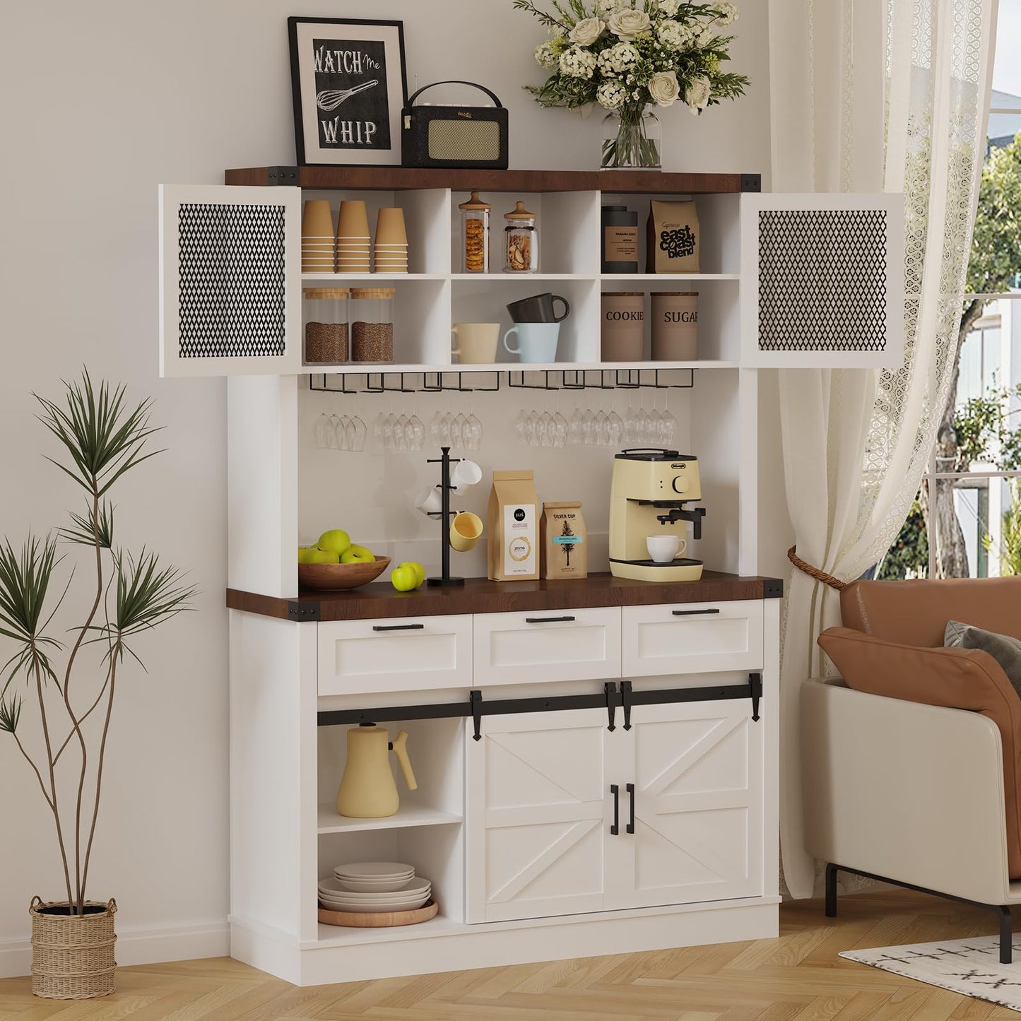 Farmhouse Bar Cabinet with Sliding Barn Door, Tall Kitchen Buffet Hutch Cabinet with Wine & Glasses Rack, Rustic Coffee Bar Sideboard for Living Room, Dining Room, White