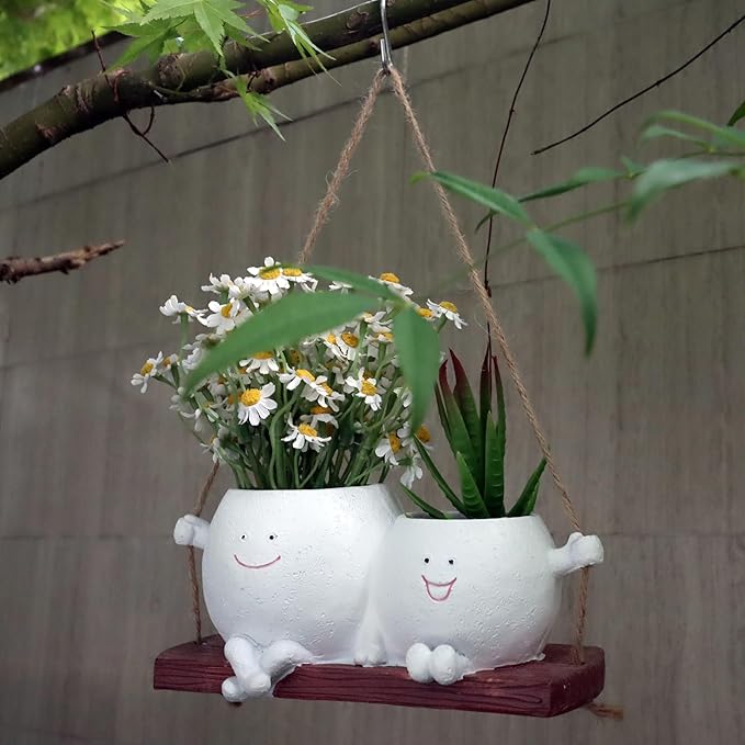 Cute Hanging Face Planter Pots, Funny Swinging Two Head Planters Cactus Plant Pots for Indoor Outdoor Plants, Unique Succulent Wall Planters Whimsical Flower Vase