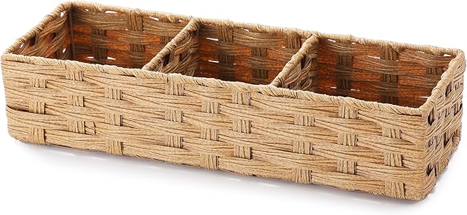 Toilet Tank Topper Paper Basket Multiuse Hand Woven Plastic Wicker Basket Bins with Divider for Shelves Rustic Farmhouse Bathroom Decor Countertop Light yellow