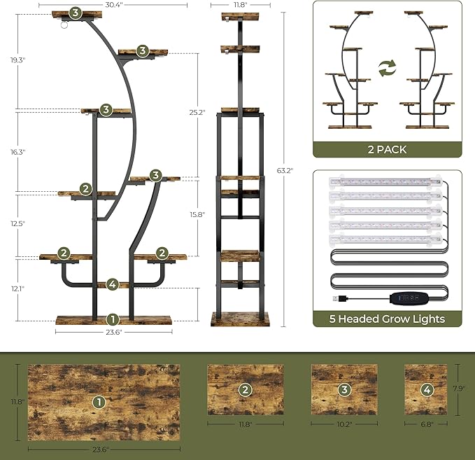 IRONCK Plant Stand Indoor with Grow Lights, 9 Tiered Indoor Plant Shelf, 62" Corner Plant Stands for Indoor Plants, Metal Plant Flower Display Shelves, Moon-Shaped Plant Rack for Home, Patio, Black