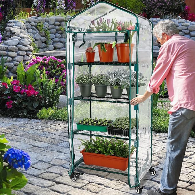 Worth Garden Upgraded 4 Tier Mini Greenhouse w/ Castors Wheels - Portable Small Gardening Green House w/ Clear PVC Cover - Heavy Duty Swivel Castors w/ Brakes - 65''H x 27''L x 19''W Indoor & Outdoor