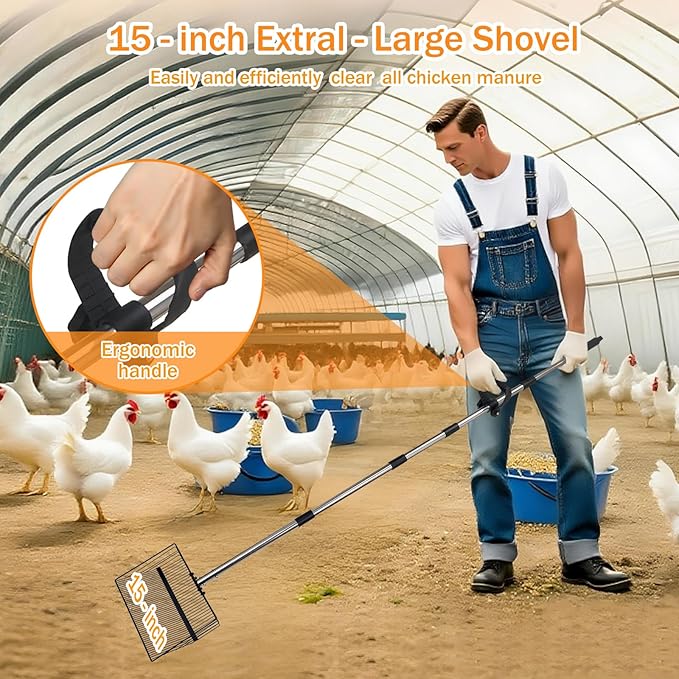 15inch Large Chicken Poop Scooper for Sand with Ergonomic Grip,Chicken Coop Accessories with 37" to 75" Adjustable Stainless Steel Handle - Heavy Duty Sifting Coop Scoop