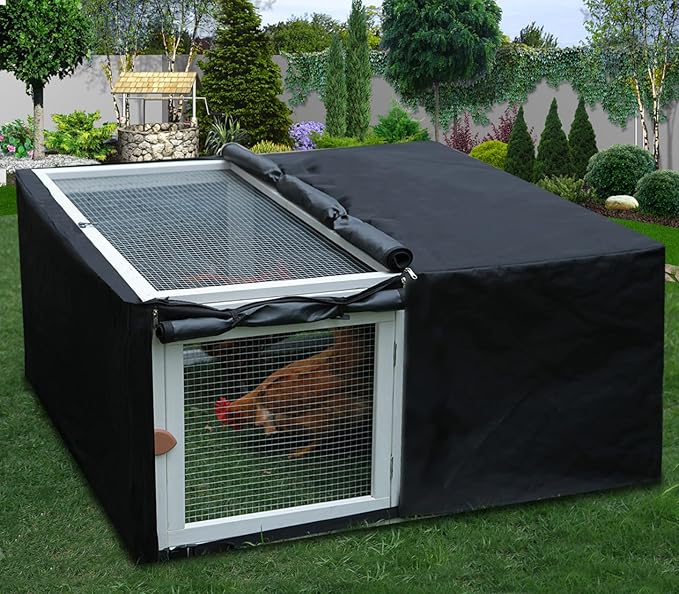 Assembly Free Chicken Coop, Foldable Chicken Run Cage Wooden, Extension Chicken Run Large Chicken Pen Rabbit Enclosure Duck House (White+Black Cover)