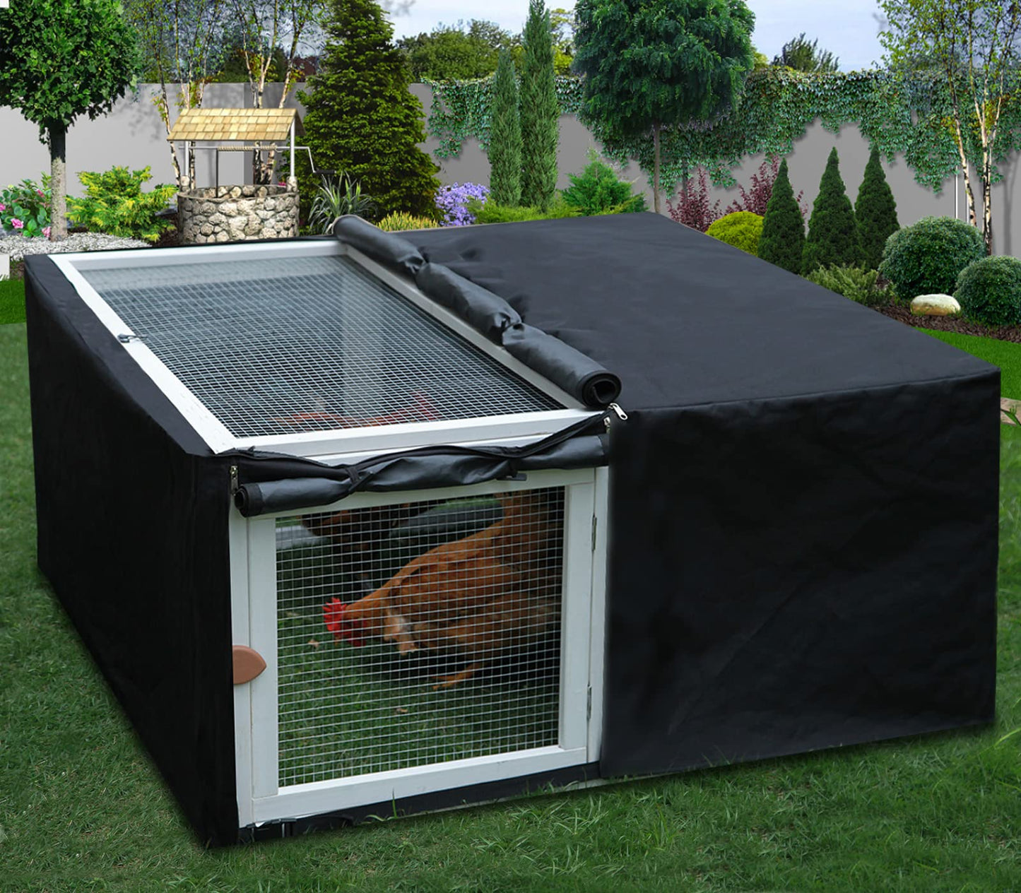 Assembly Free Chicken Coop, Foldable Chicken Run Cage Wooden, Extension Chicken Run Large Chicken Pen Rabbit Enclosure Duck House (White+Black Cover)