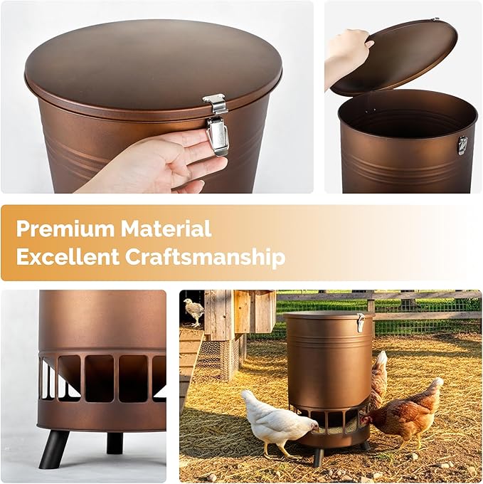 Solution4Patio 50LB No-Waste Chicken Feeder, Large Capacity Gravity Dispenser with Spill Control & 16 Feeding Ports Poultry Feeder for Outdoors & Hen Coop (Brown)