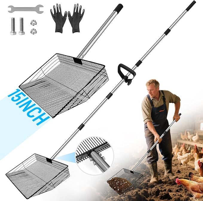 15-inch Large Chicken Poop Scooper with Gloves & Ergonomic Grip, 5 in 1 Adjustable Chicken Coop Pooper Shovel (37 to 78"), Sifting Litter Shovel Scoop for Chicken Coop/Stable Cleaning/Poultry Farm