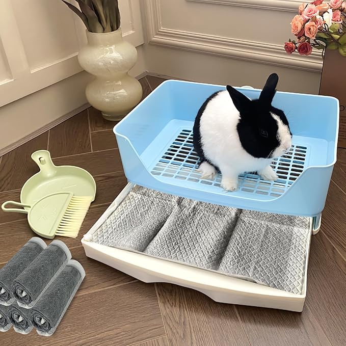 Large Rabbit Litter Box Bunny Litter Box Corner Litter Pan with Drawer Comes with Liners Rabbit Pee Pads, Small Animal Bedding Toilet for Adult Guinea Pig, Ferret, Hamster, Bunnies