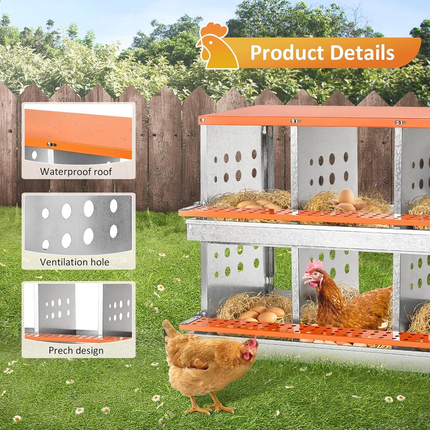 FuzzlyCo Chicken Nesting Box, 10 Compartment Nesting Boxes for Chicken Laying Eggs, Metal Chicken Laying Boxes with Roll Away Egg Collection, Heavy Duty Chicken Coop Nest Box