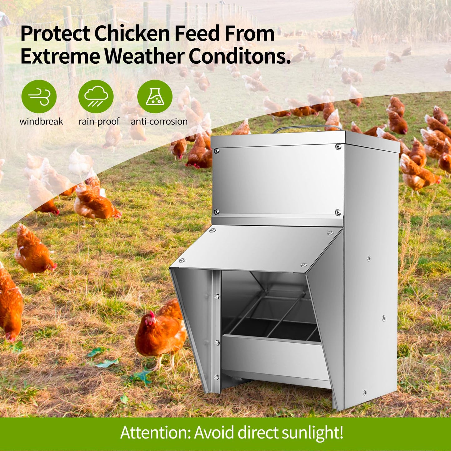 RYFT Galvanized Chicken Feeder 11.5 Lbs Capacity, Outdoor Rat Proof Metal Poultry Feeder with Lid, Hanging Chicken Feeder, Coop Food Dispenser No Waste for Chicken， Duck