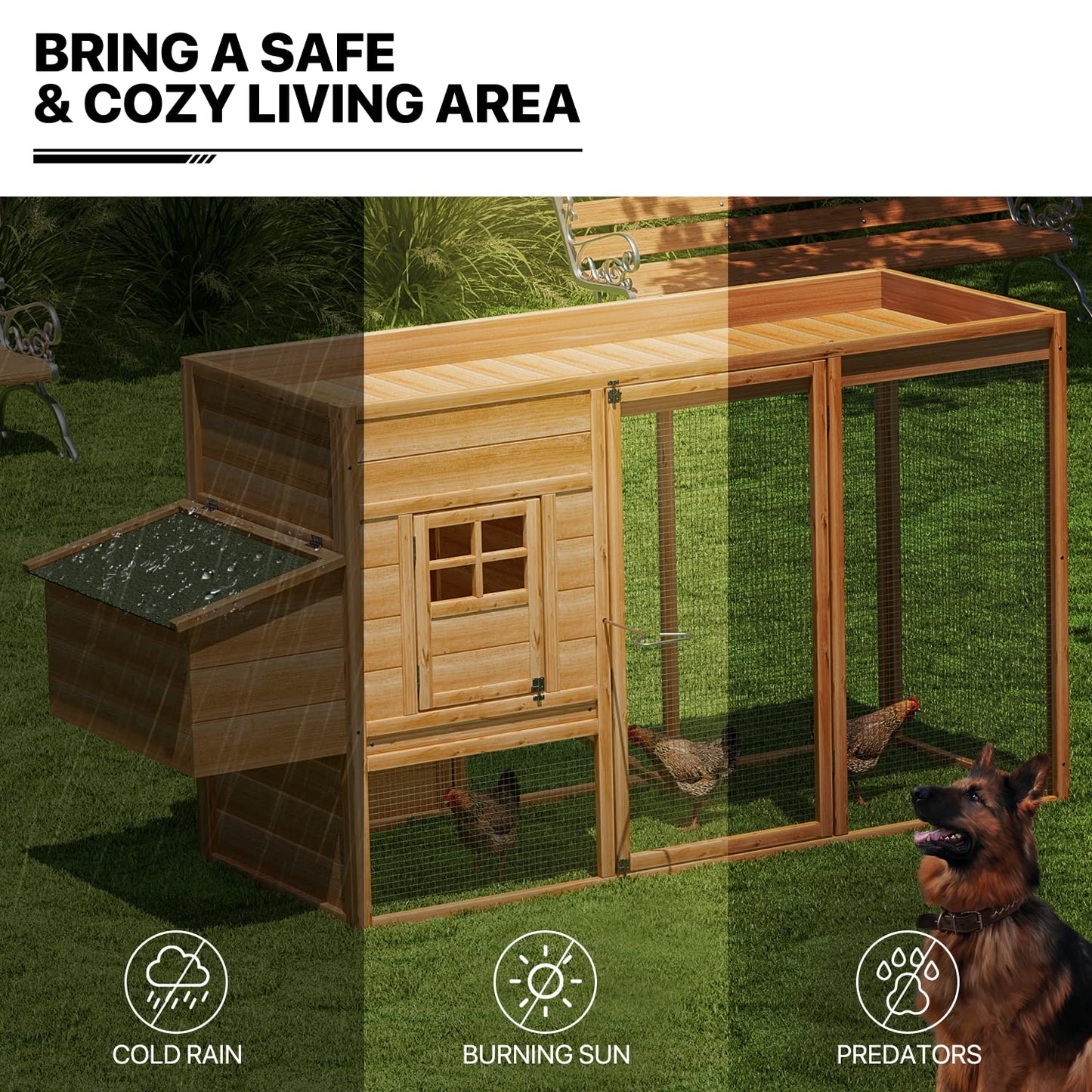 MoNiBloom 2-Layer Chicken Coop with Run and Nesting Box, Ventilation Wire Fence Wood Chicken House Duck Hutch Bunny Cage with Removable Tray Ramp and Waterproof Asphalt Roof 64 x 25.5 x 40 inch
