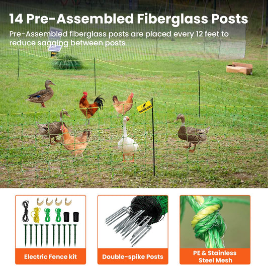 Electric Poultry Netting, 47.2" H x 164'L Electric Chicken Fence for Chickens, Ducks,Turkeys, Sheep, Geese, Portable Poultry Nets Fence kit for the Yard,Backyards,Farms,Ranches, Energizer Not Included
