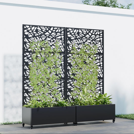 Casaphoria 72"x35" Metal Raised Garden Bed with Trellis(2 Pack), Outdoor Planter Box with Wheels & Drainage Holes for Climbing Plants, Flowers, Elevated Garden Kit with Privacy Screen, Black-Net