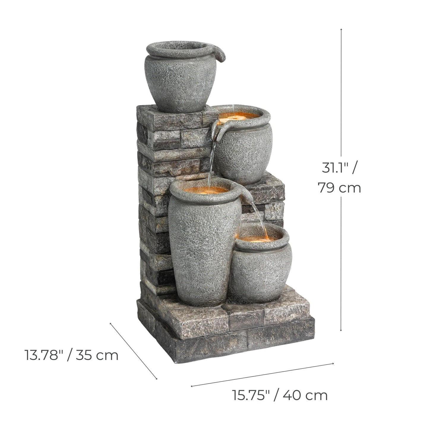 Teamson Home 30.7" 4-Tier Cascading Bowl Solar Powered Water Fountain for Outdoor Living Spaces, Gray