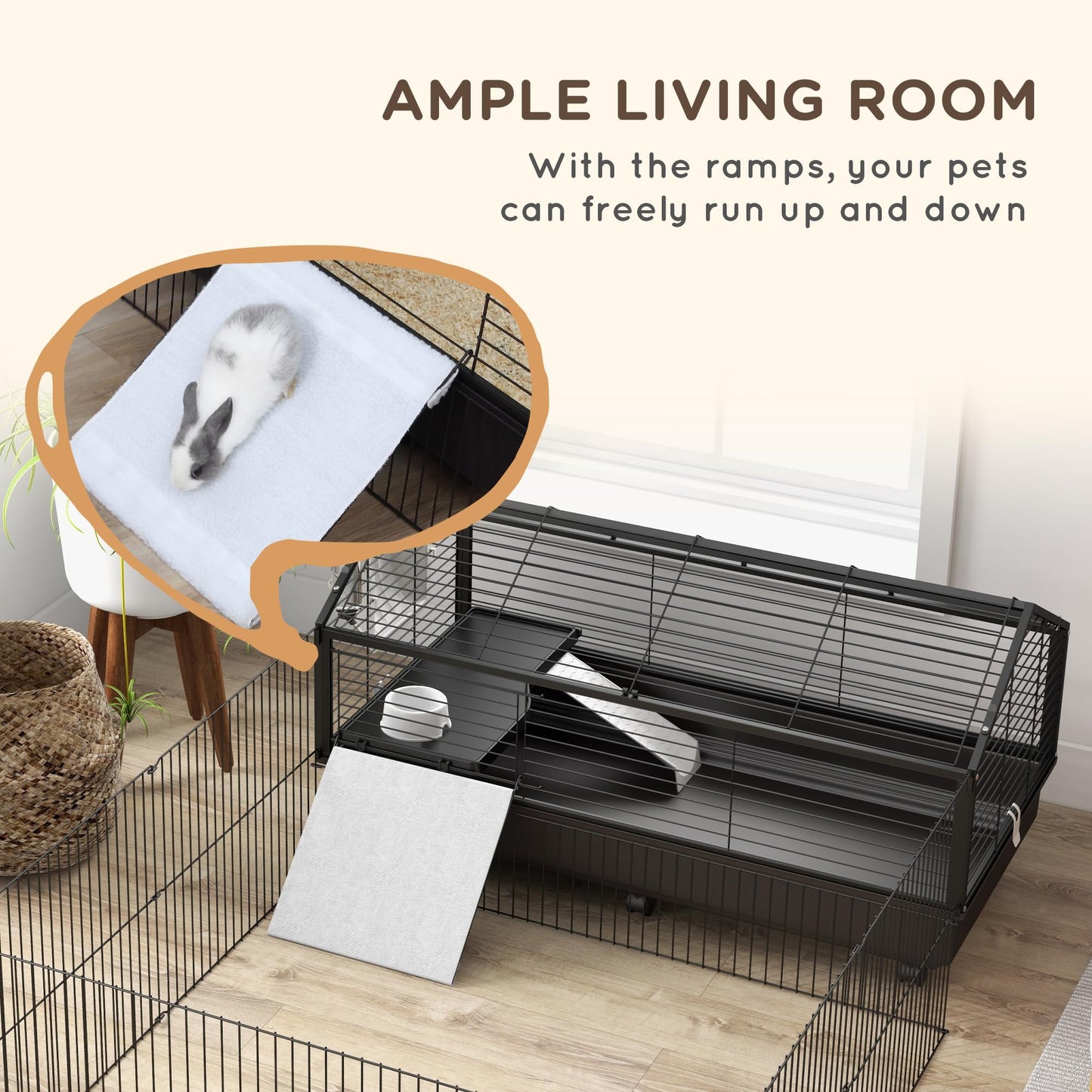 PawHut Small Animal Cage with Foldable Run Area, Rolling Bunny Cage, Guinea Pig Cage with Water Bottle, Water Bowl, and Ramps, 46.5"
