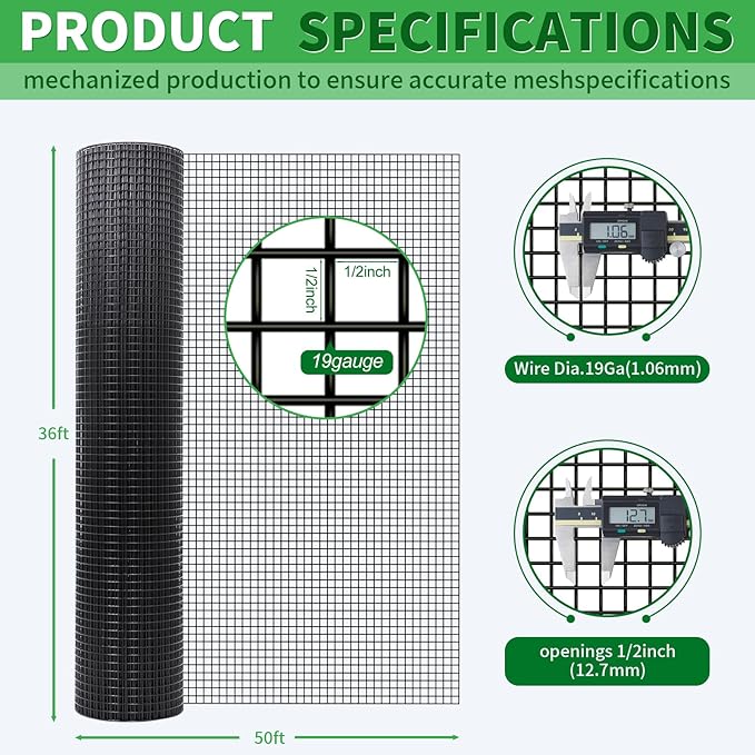 Black Hardware Cloth 19 Gauge 1/2 inch 36 inch x 50 Foot Chicken Wire Fenceing Roll PVC Coated Wire Mesh Vinyl Coated Fence for Chicken Coop Garden Fencing Rat Wire Mesh