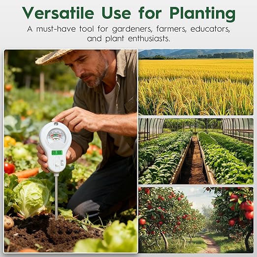 6-in-one Soil Test Kit-Soil Moisture Meter/PH Meter/Fertility/Sunlight Intensity Soil Tester, LCD Air Hygrometer&Temperature Moisture Meter for Plants-Garden, Lawn,Farm,1 Pack Detachable Probe