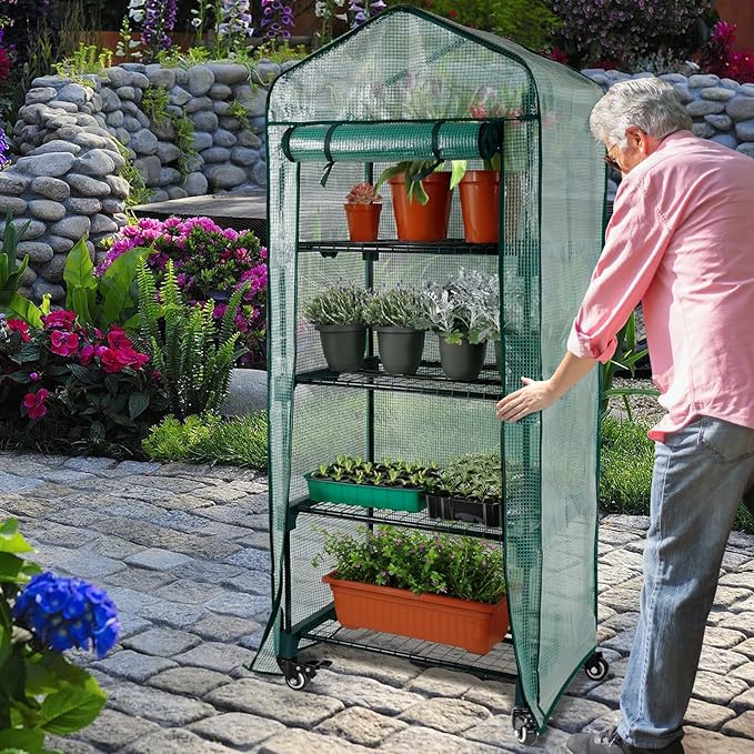 Worth Garden 4 Tier Mini Greenhouse w/ Upgraded Castors Wheels - Portable Small Gardening Green House with PE Cover - Heavy Duty Swivel Castors with Brakes - 64''H x 27''L x 19''W Indoor & Outdoor