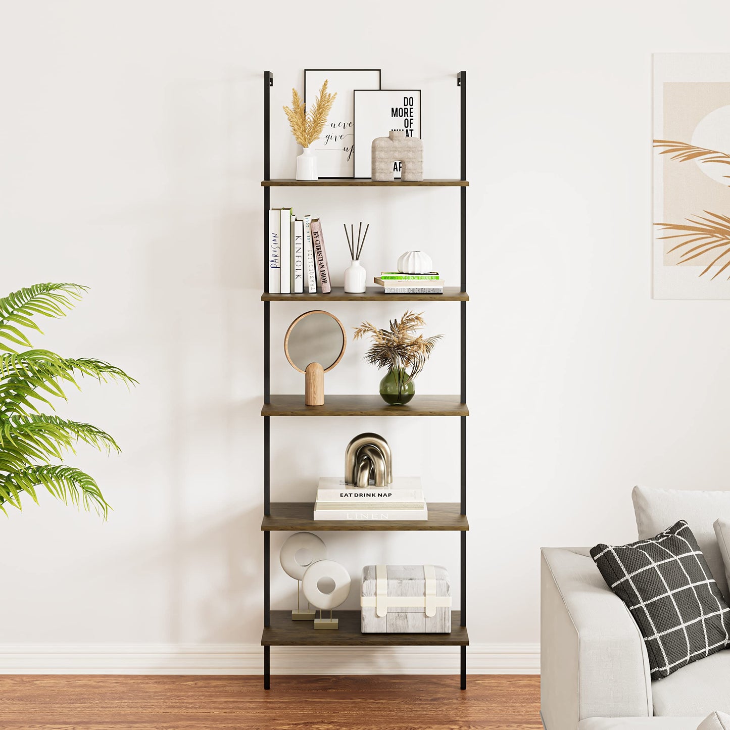 Wolawu 5 Tiers Ladder Shelf 2-Piece Black Modern Tall Bookshelf Open Large Tall Wall Mount Storage Bookcase Standing Leaning Wall Shelves Industrial Decorative (Brown)