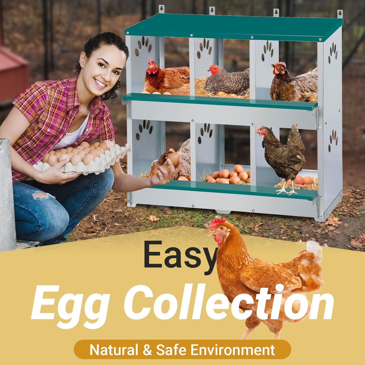 Toriexon Chicken Nesting Box, 6 Compartment Metal Nesting Box, 6 Room Wall Mountable Nesting Boxes for Chicken, Green