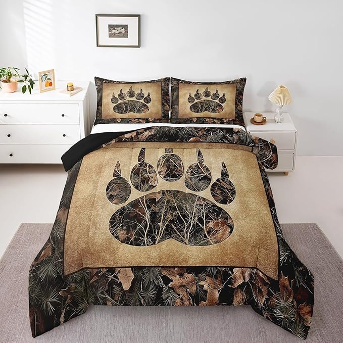 Erosebridal Rustic Farmhouse Bedding Sets Toddler Camo Bear Paw Comforter Set Woodland Hunting Camouflage Animal Bedding Comforter Sets for Kids Boys Adults Men,Retro Cabin Wildlife Quilt Set