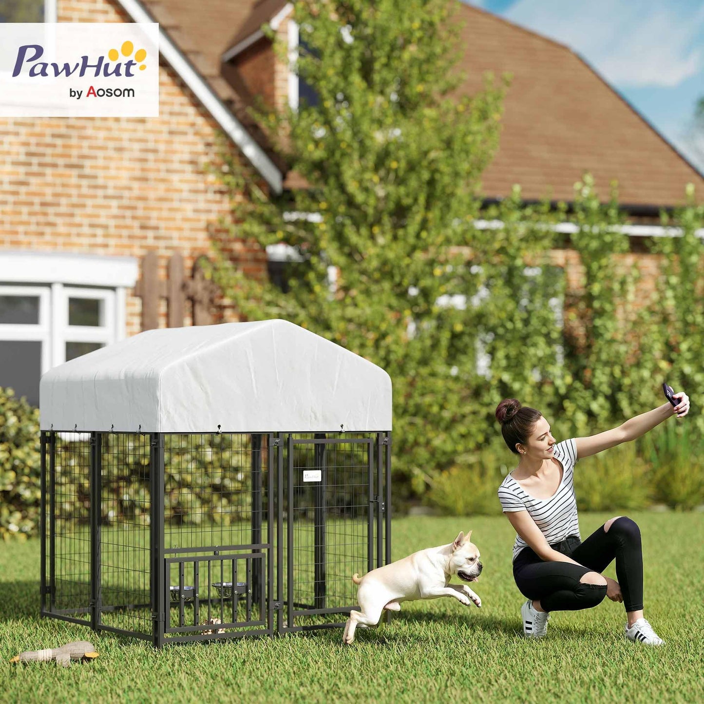 PawHut 4' x 4' x 4.5' Outdoor Dog Kennel, Welded Wire Dog Kennel Outside Run with 360° Rotating & 4 Level Adjustable Bowls, Waterproof & UV Resistant Cover, for S&M Breeds, Chickens, Ducks, Silver