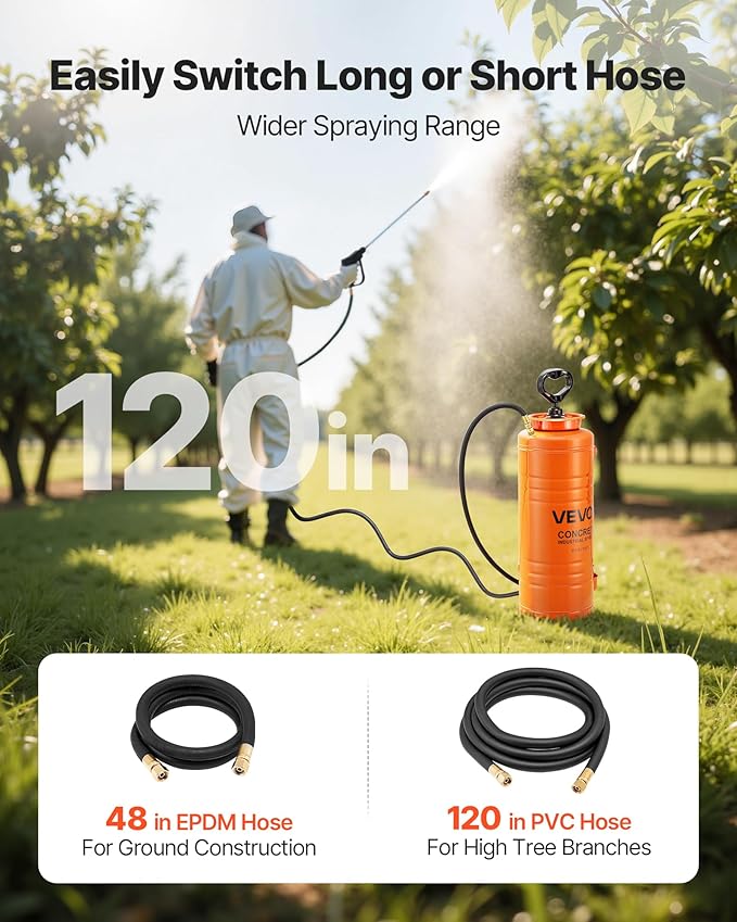 VEVOR Industrial Concrete Sprayer, 3.5 Gallon Stainless Steel Sprayer, Heavy Duty Tri-Poxy Pump Sprayers, 20.5"Wand with Ergonomic Gun Handle, 48"& 120"Hose, 2 Brass Nozzles for Construction, Garden