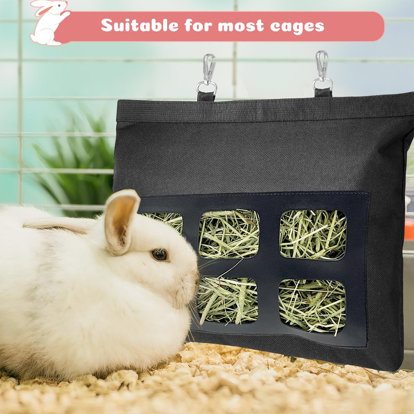 Rabbit Hay Feeder Bag, Upgraded Bunny Hay Bag, 6 Holes 600D Oxford Fabric Hay Holder Bag for Small Animal Guinea Pig Chinchilla Rabbit Cage by Rayfarmo,(Black)