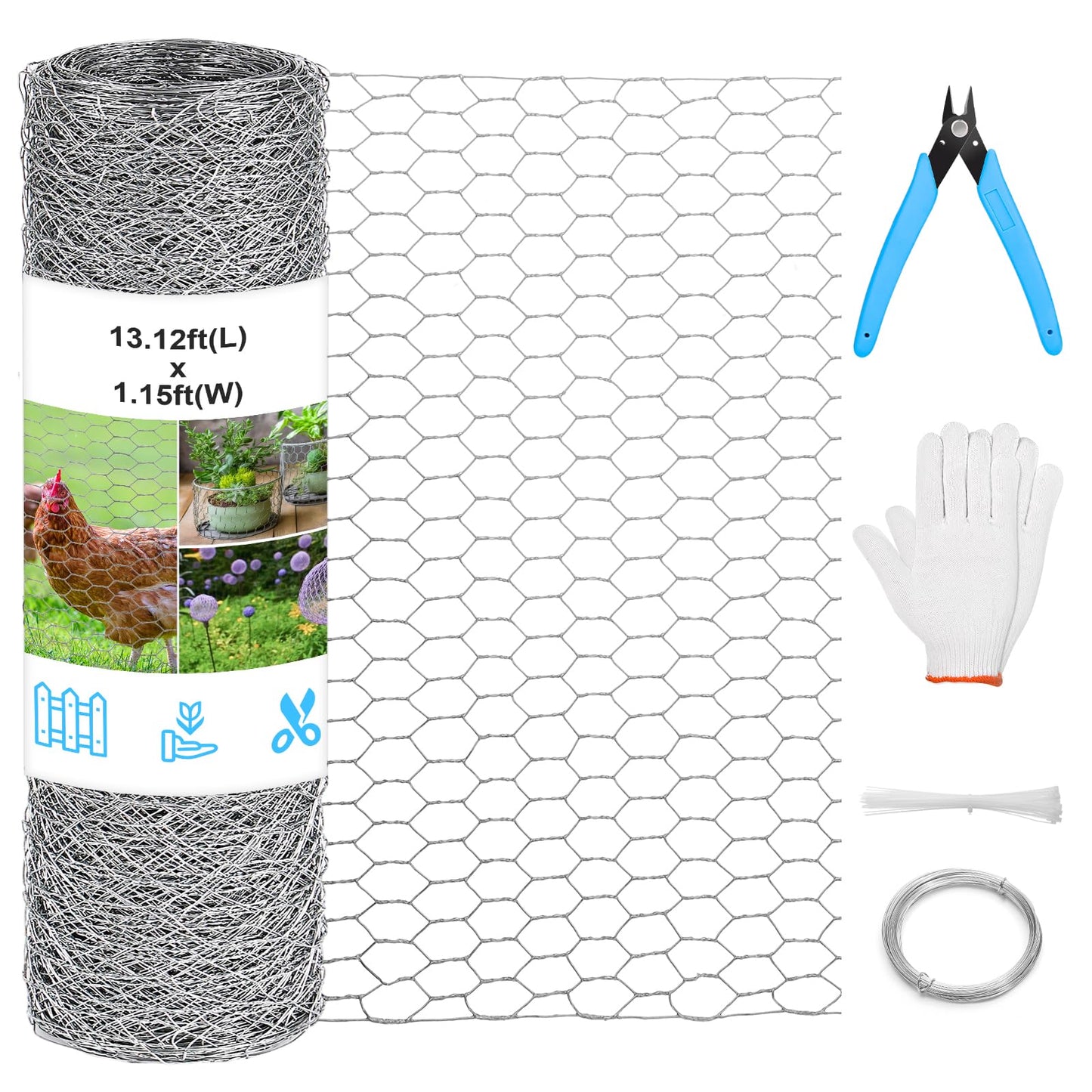 Chicken Wire Mesh 13.7 in x 157 in Silver Floral Chicken Wire Poultry Netting Hexagonal Galvanized PVC Coated Wire Mesh for Floral Arrangements Craft with 30 Zip Ties, Glove and Wire Cutting Pliers