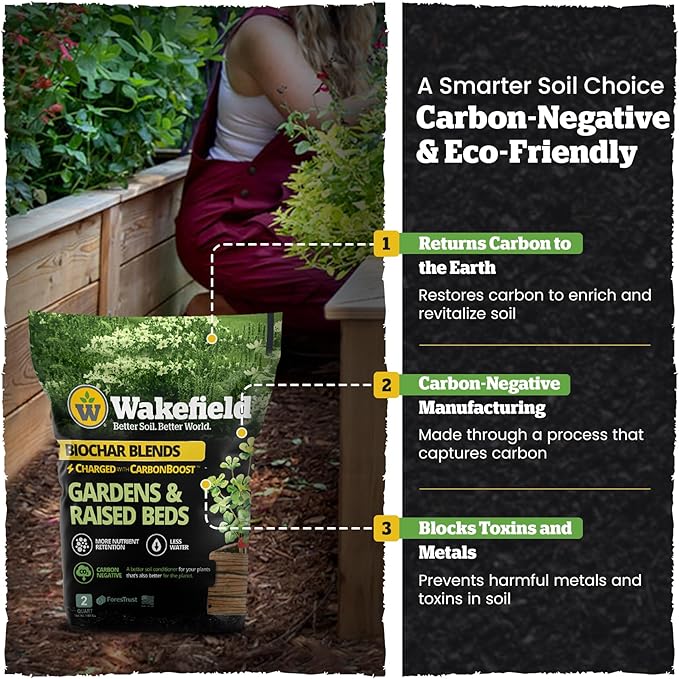Wakefield Biochar Blend with CarbonBoost™ Technology – Enhanced Water & Nutrient Retention for Raised Bed Garden Soil - Ultimate Organic Potting Soil Mix for Vegetables, Gardens and Houseplants - 2qt