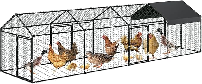 Large Metal Chicken Coop 13.3' x 3.3" x 3.3" Chicken Runs with Waterproof and Anti-UV Cover,3 Doors,Outdoor Hen House for Yard, Walk in Poultry Cage for Rabbit Duck Goose