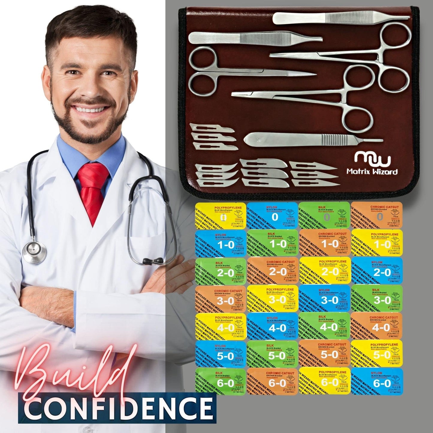 Sterile Sutures Thread with Needle Plus Tools: Extra Large Mixed Dissolvable and Non-Dissolvable Suture 47 Unit Set - Emergency Camping Hiking First Aid Demo, Surgical Wound Closure Training, Vet Use
