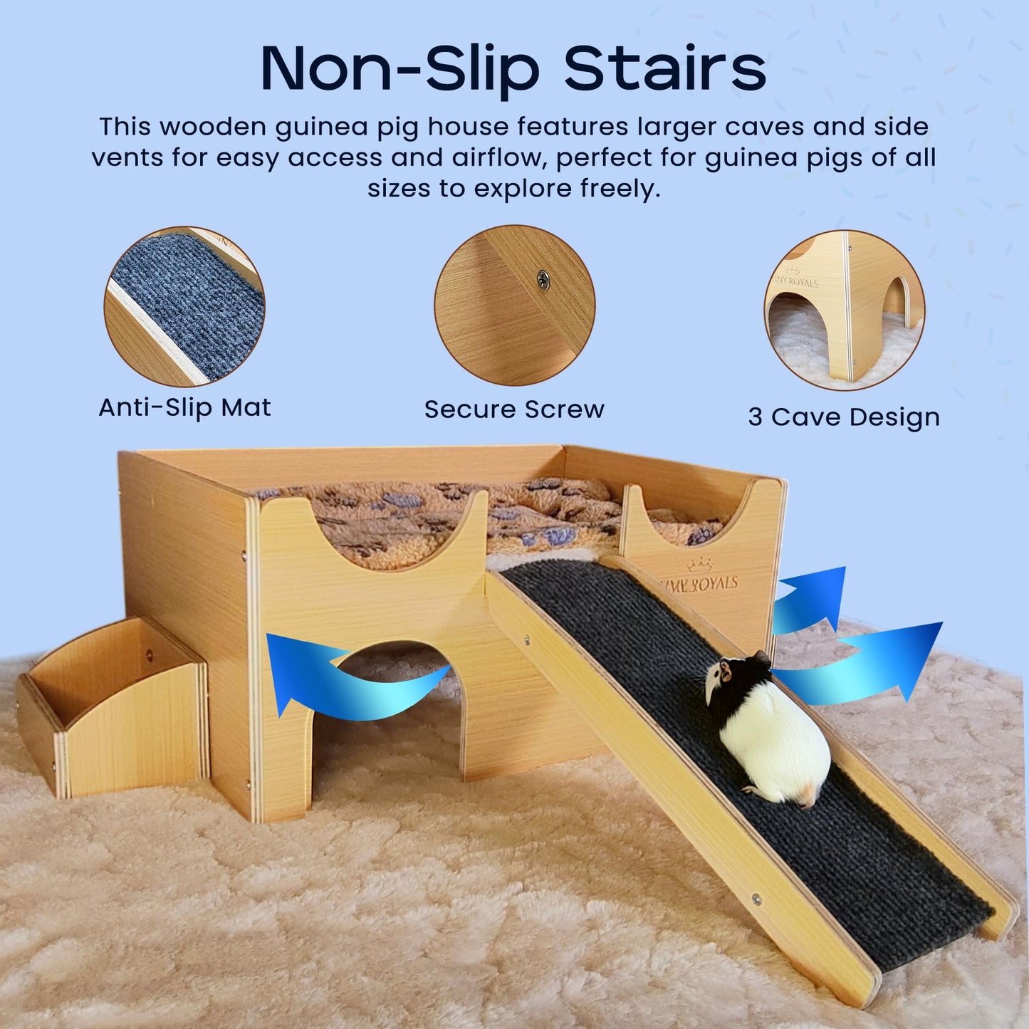 TINY ROYALS Guinea Pig Wooden Hideout with Built-in Feeder, Screw-Assembled Natural Wood Castle with Absorbent Fleece Mat, Ramp & Accessories, Cozy Safe Hideaway for Small Pets to Rest, Play & Explore