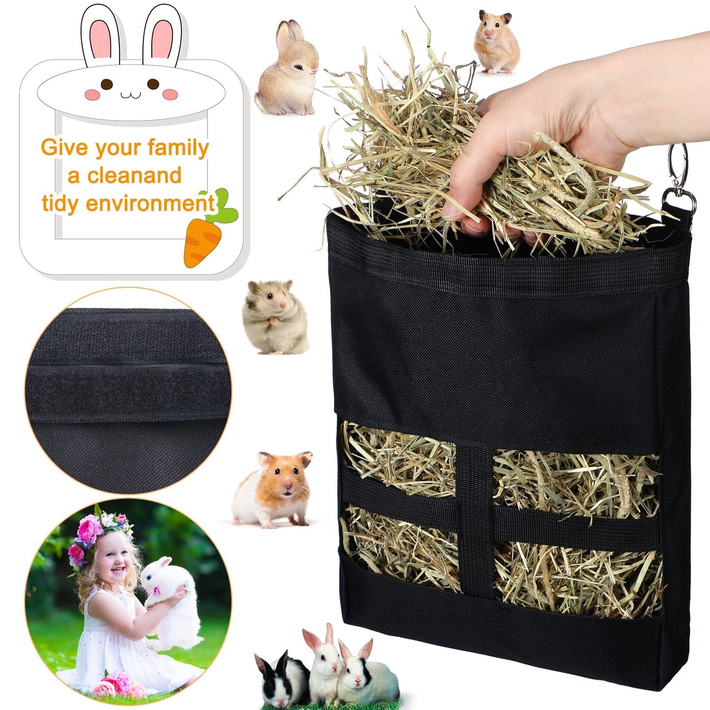 Frienda 2 Pcs Guinea Pig Hay Bag 11 x 9.1 Inch Guinea Pig Hanging Hay Feeding Bag Storage Dispenser for Chinchilla Hamster Bunny Small Animal Pet(Black)